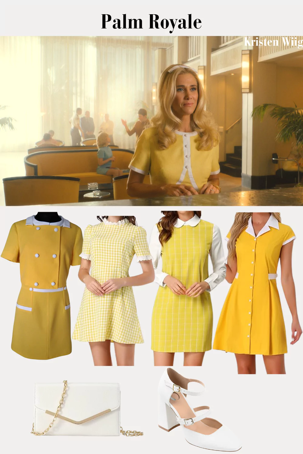 Maxine Simmons Episode 6 Outfit 2 wearing a yellow and white conservative dress