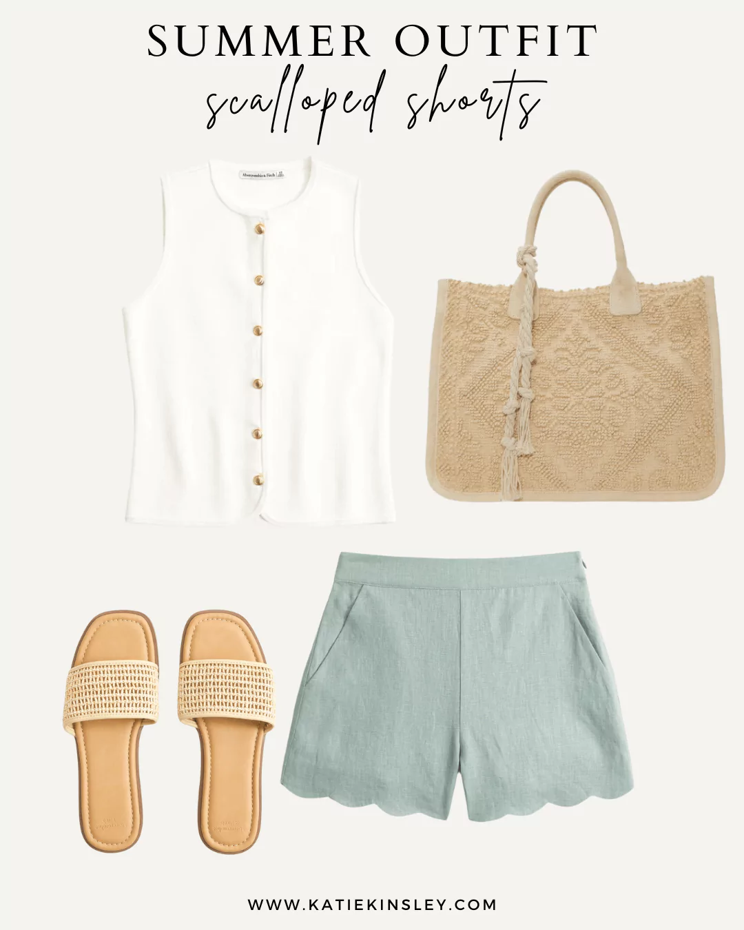 Summer Outfit 1 - White sleeveless shirt, scalloped shorts, slip-on sandals, and woven tote.