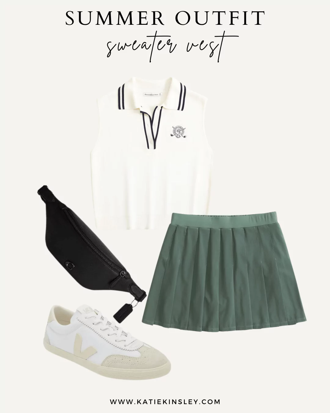 Summer Outfit 2 - Preppy sweater vest, green athletic skort, black belt bag, and canvas sneakers.