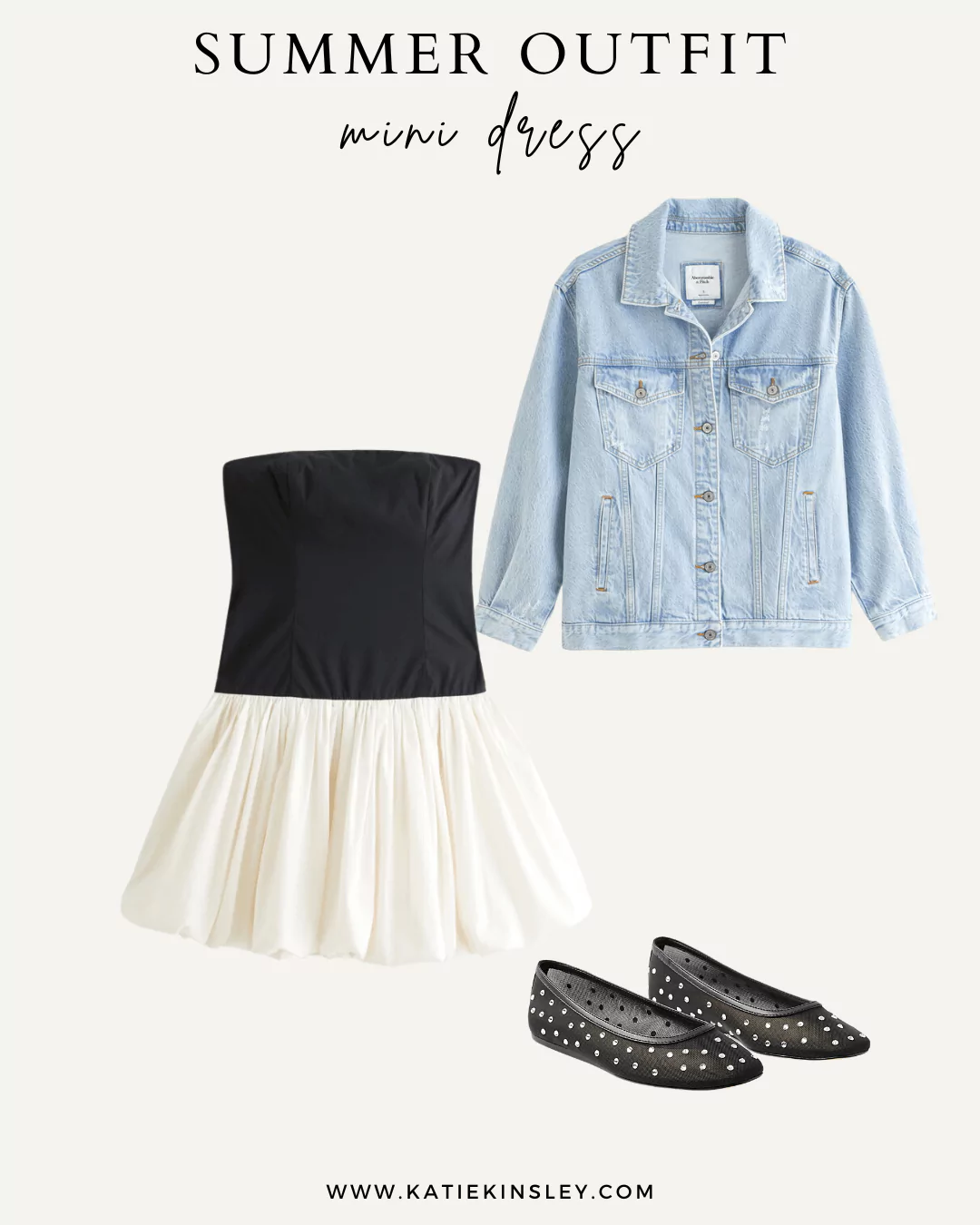 Summer Outfit 3 - Jean jacket over a black and white dress with rhinestone ballet flats.