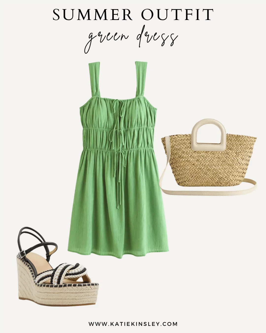 Summer Outfit 4 - Green dress paired with wedge sandals and a woven tote.
