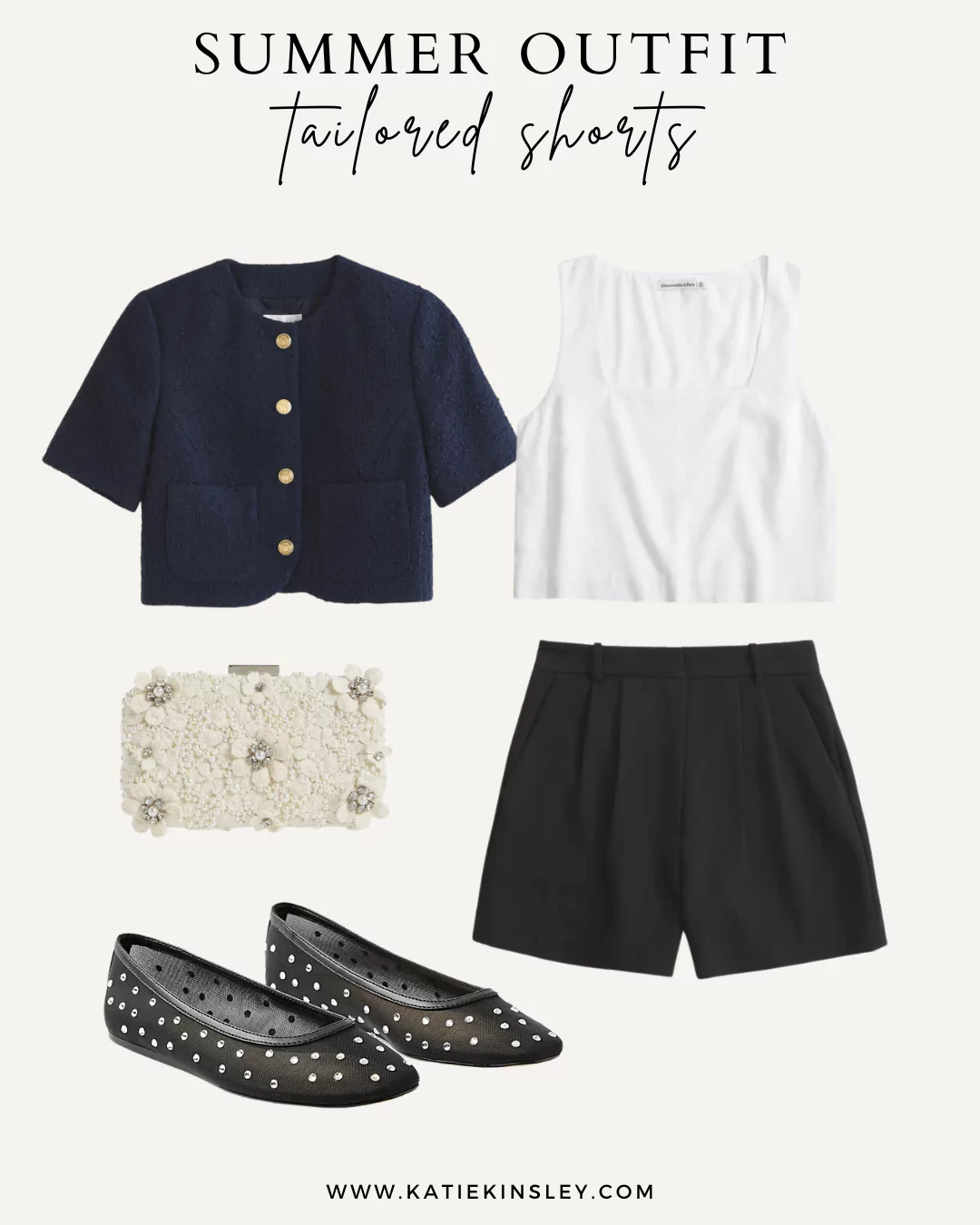 Summer Outfit 5 - Navy sweater, white tank top, black shorts, beaded clutch, and rhinestone ballet flats.