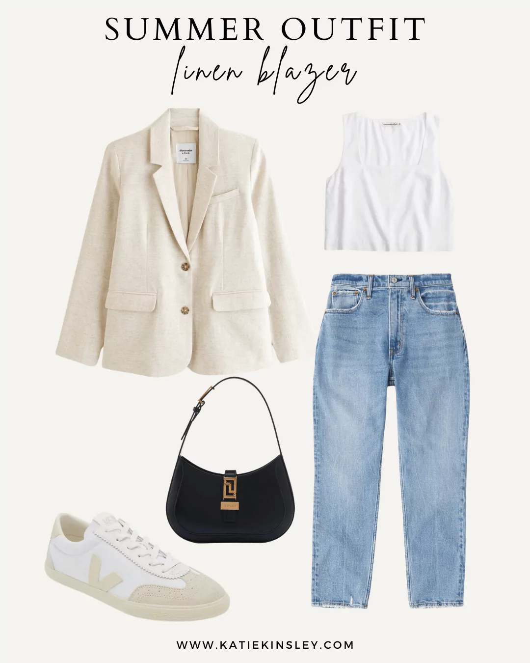Summer Outfit 6 - Linen blazer, white tank top, mom jeans, black handbag, and canvas sneakers.