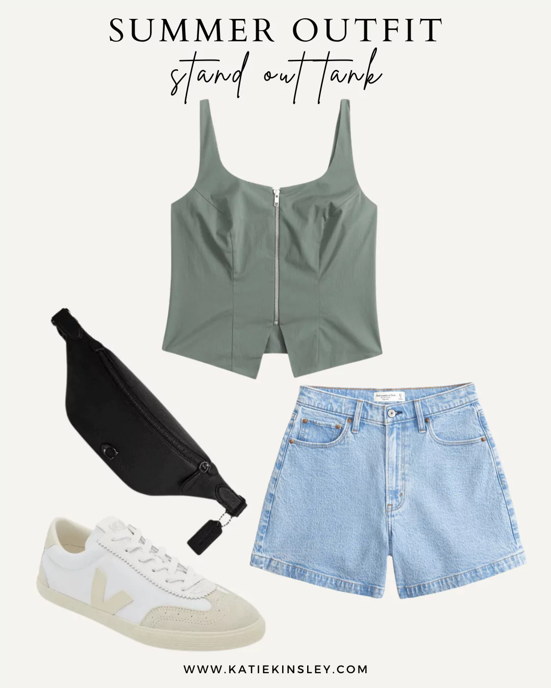 Summer Outfit 7 - Green zip tank top, jean shorts, black belt bag, and canvas sneakers.