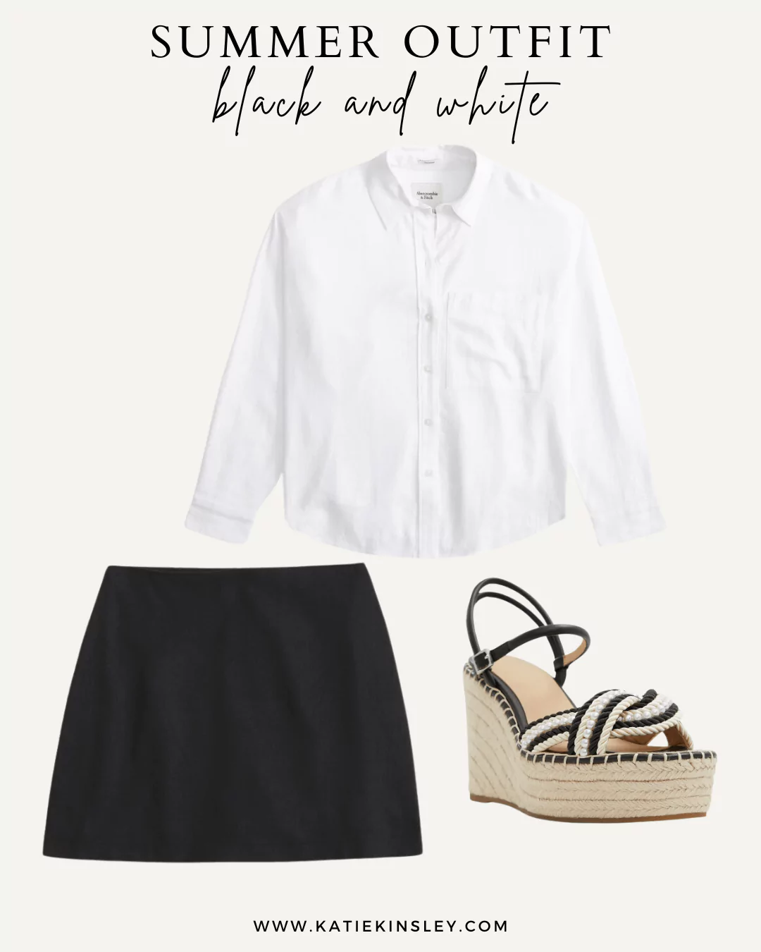 Summer Outfit 9 - Oversized white shirt, black skirt, and wedge sandals.