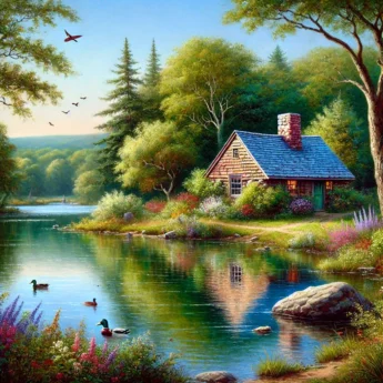 A peaceful and colorful lakeside setting inspired by Walden Pond, nestled in serene woods. A small, rustic wooden cabin with a slanted roof and stone